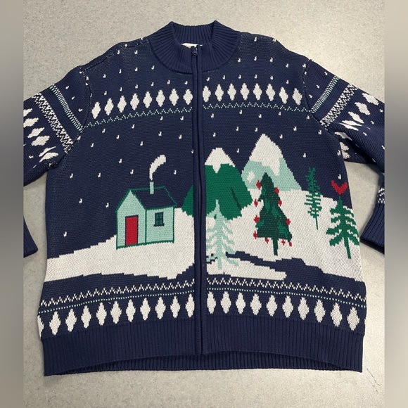 Coldwater Creek Blue Winter Cabin Scene Christmas Full Zip Cardigan Sweater XL - Picture 2 of 7
